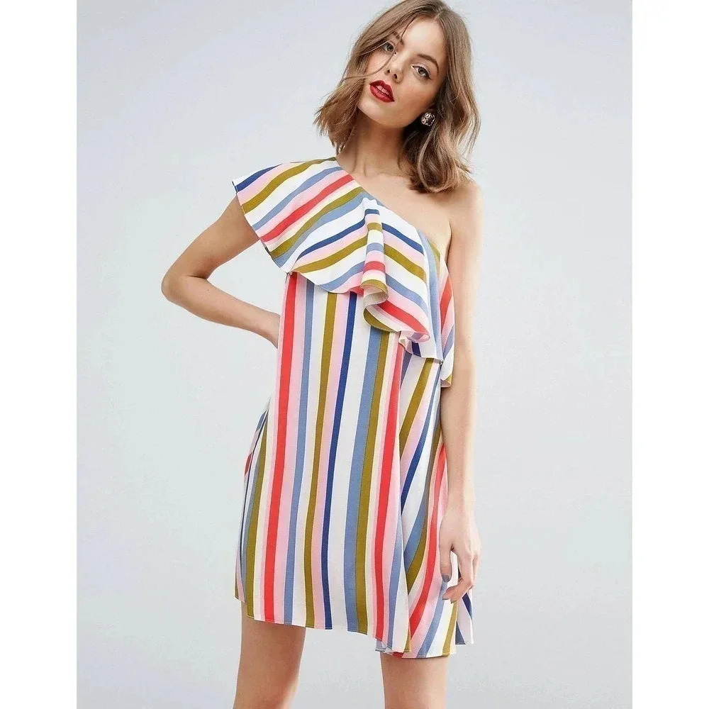 ASOS Stripe Ruffle One Shoulder Mini Dress Size 8.